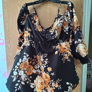 SHEIN Black and Orange Floral Tunic Blouse
